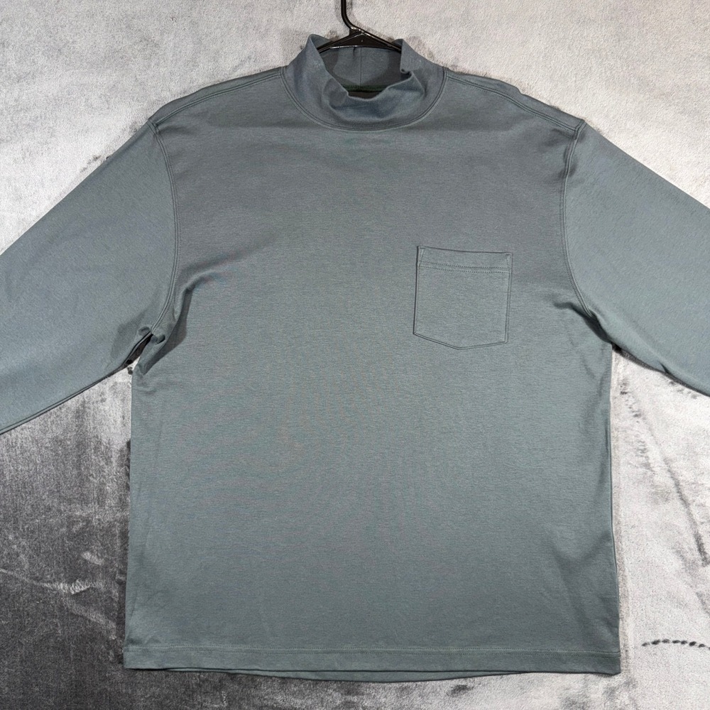 LL Bean Mens Mock Neck Pocket Tee Shirt XL Blue Gray Long Sleeve Cotton 0FKN8